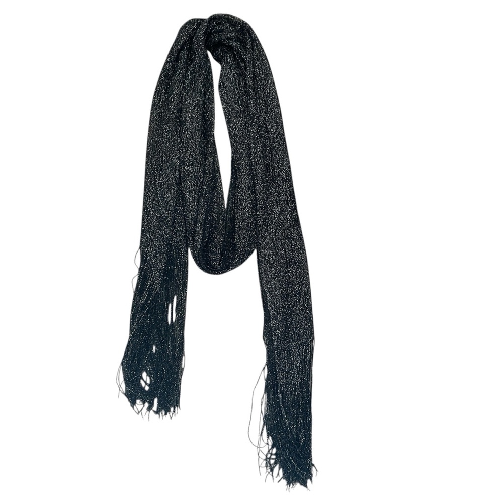 Black & Silver Lacy Fine Knit Shimmery Scarf with Fringe